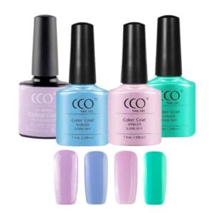 4 flesjes gellak van de lente collectie van CCO is paars, blauw, roze en groen