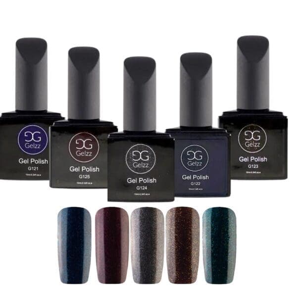 5 flesjes gellak uit de ''New Glitter Collectionl'' van Gelzz