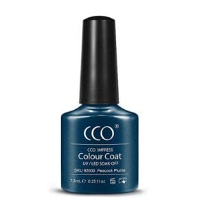 Flesje donker blauwe gellak met een intense blauw/groene shimmer "Peacock Plum" van CCO