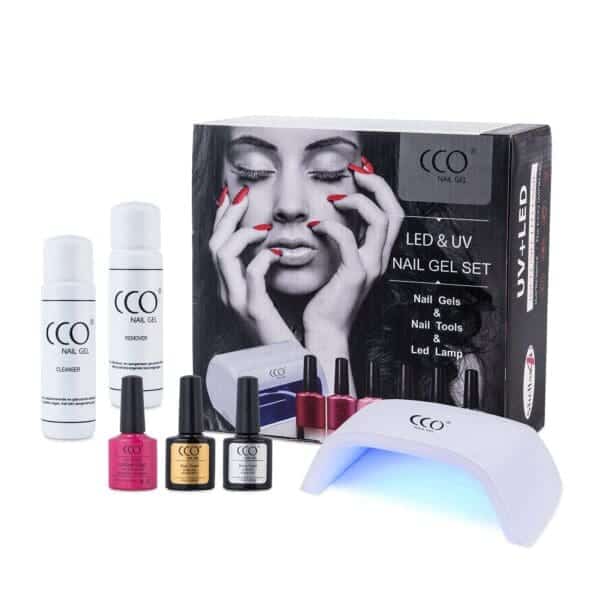 Starterspakket gellak van CCO met 1 flesje gellak, een uv/led lamp, basecoat, topcoat, cleanser & remover