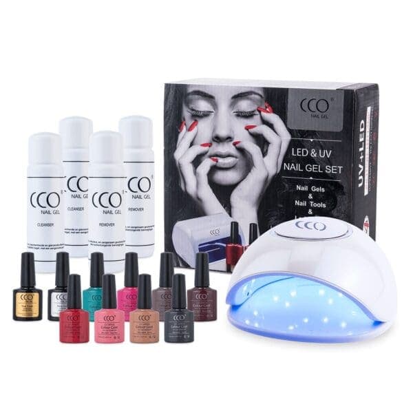 Starterspakket gellak van CCO met 8 flesjeS gellak, een uv/led lamp, basecoat, topcoat, cleanser & remover