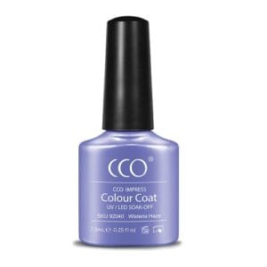 Flesje met blauw grijze lila gellak met een creme finish "Wisteria Haze" van CCO