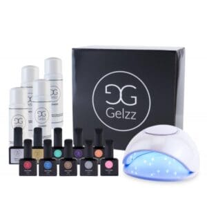 Starterspakket gellak van Gelzz met 8 flesjes gellak, een uv/led lamp, basecoat, topcoat, cleanser & remover