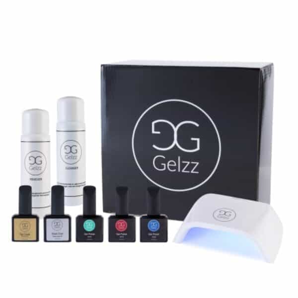 Starterspakket gellak van Gelzz met 3 flesjes gellak, een uv/led lamp, basecoat, topcoat, cleanser & remover
