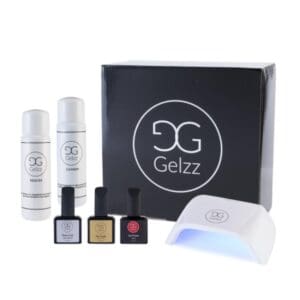 Starterspakket gellak van Gelzz met 1 flesje gellak, een uv/led lamp, basecoat, topcoat, cleanser & remover
