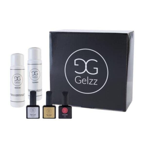 Starterspakket gellak van Gelzz met 1 flesje gellak, basecoat, topcoat, cleanser & remover