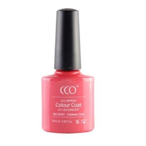 Flesje met rood roze gellak "Caribbean Coral" van CCO